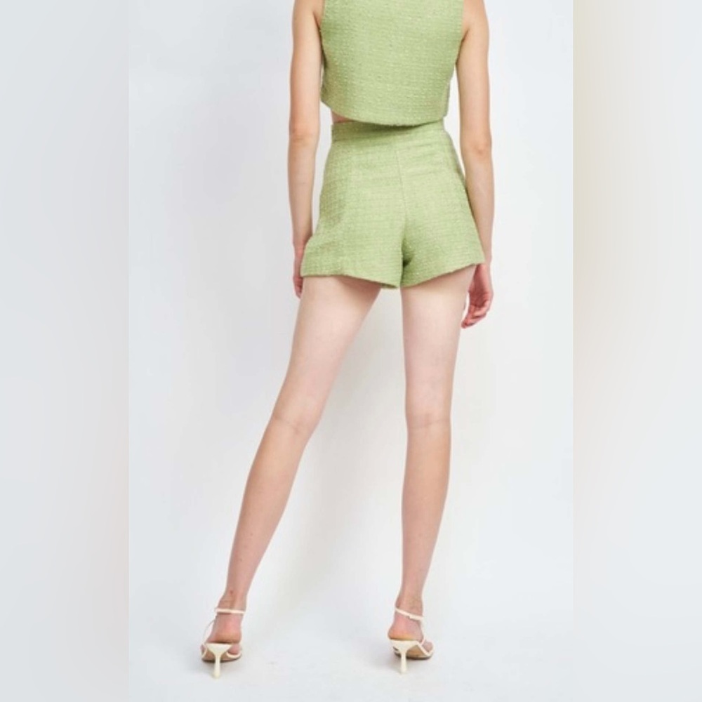 En Saison Nadine Tweed Button Down Vest and Shorts Set in Green - Picture 4 of 6